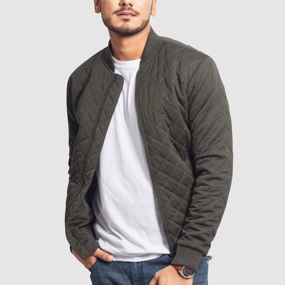 OLGYN Men’s Quilted Olive Green Bomber Jacket - Picture 3 of 4